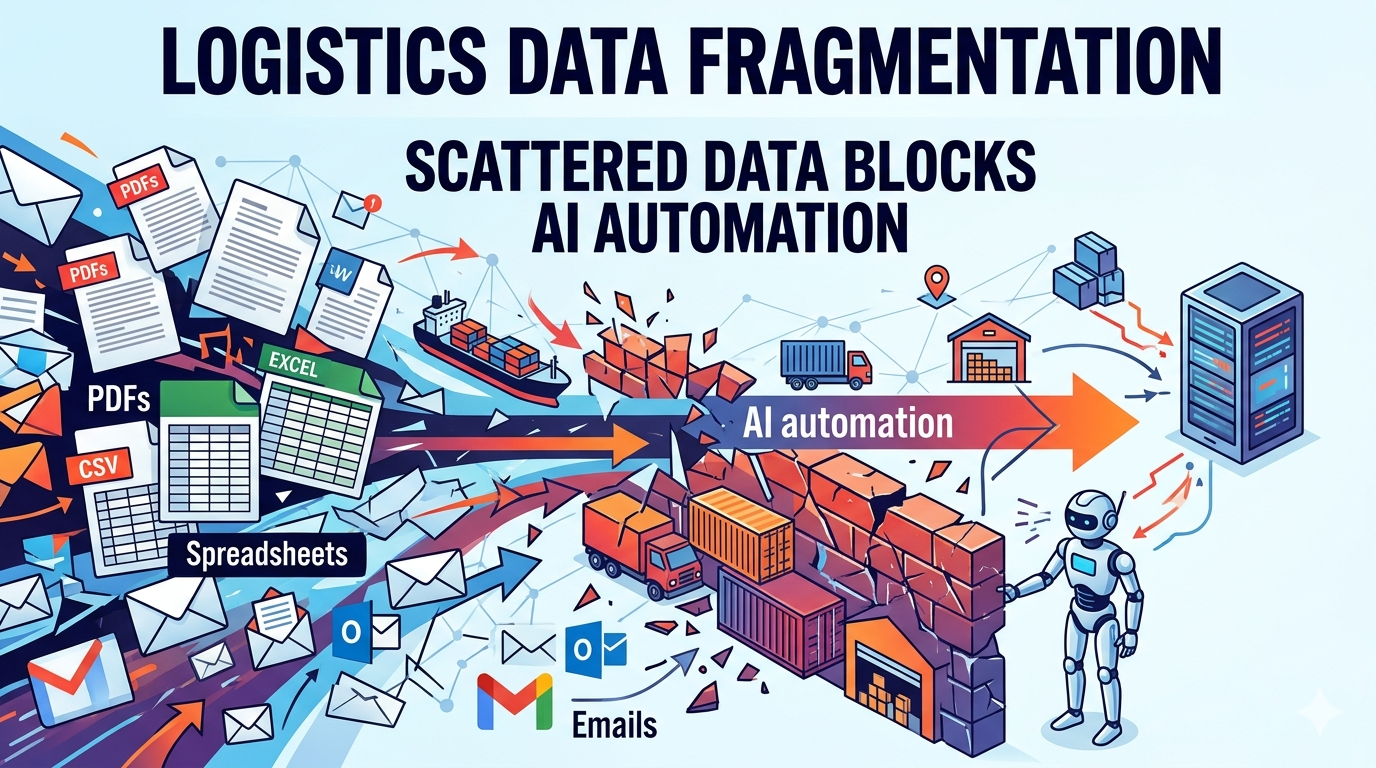 Logistics data fragmentation showing scattered PDFs, emails, and spreadsheets blocking AI automation