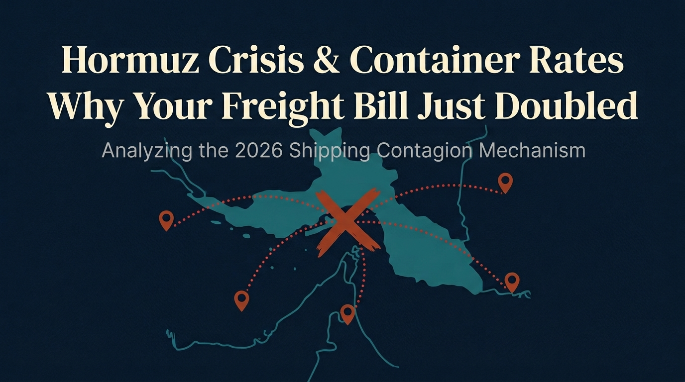 A minimalist professional blog thumbnail with a dark navy background showing a simplified map of the Strait of Hormuz. A large red 'X' marks the strait, with red dotted lines spreading out to global port icons, symbolizing shipping rate contagion.