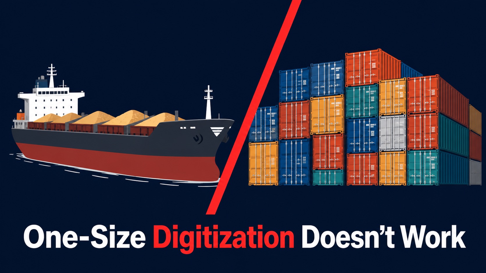 Bulk vessel and container ship side by side illustrating the difference between bulk and container logistics digitization